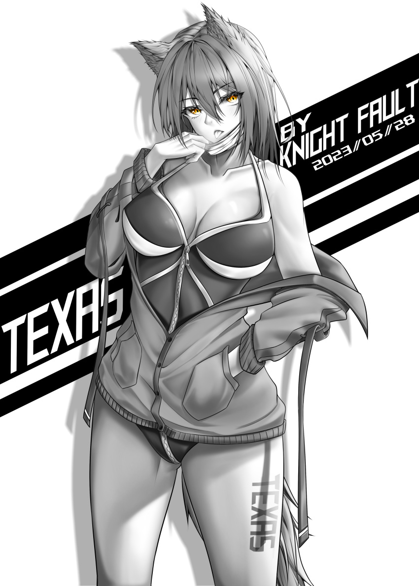 absurdres alternate_costume animal_ear_fluff arknights artist_name bare_shoulders breasts casual_one-piece_swimsuit cleavage collarbone cowboy_shot dated grey_theme hand_in_pocket highres jacket knight_fault large_breasts long_hair long_sleeves looking_at_viewer mask_pull monochrome off_shoulder one-piece_swimsuit open_clothes open_jacket open_mouth orange_eyes pulled_by_self spot_color swimsuit texas_(arknights) tongue tongue_out two-tone_background zipper zipper_pull_tab