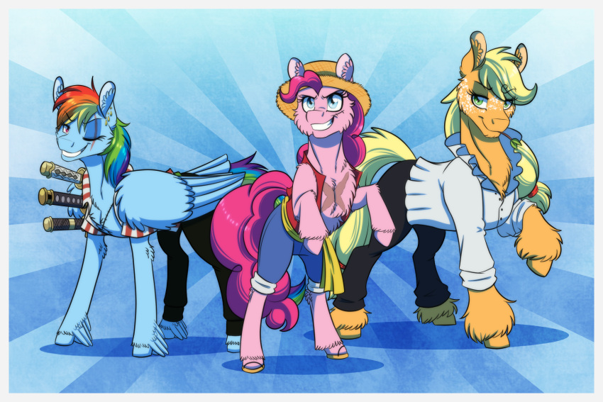 applejack_(mlp) blonde_hair blue_body blue_eyes blue_fur clothing earth_pony equid equine eye_scar facial_scar fetlocks freckles friendship_is_magic fur group hair hasbro hi_res horse mammal melee_weapon monkey_d._luffy multicolored_hair my_little_pony one_piece pegasus pink_body pink_fur pink_hair pinkie_pie_(mlp) pony rainbow_dash_(mlp) rainbow_hair sanji_(one_piece) scar sword tan_body tan_fur trip weapon wings zoro_(one_piece)