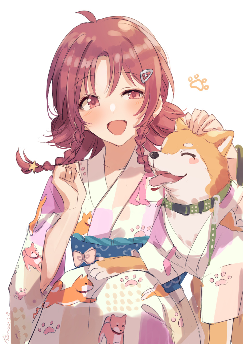 1girl ^_^ absurdres ahoge animal_print blush braided_sidelock closed_eyes dog dog_print highres idolmaster idolmaster_shiny_colors japanese_clothes kevn kimono komiya_kaho looking_at_animal mamemaru_(shiny_colors) multicolored_clothes multicolored_kimono parted_bangs paw_print petting red_eyes red_hair simple_background smile solo squatting white_background yukata