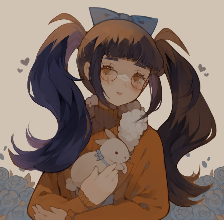1girl blue_bow blue_bowtie blue_flower blue_rose blunt_bangs blush_stickers bow bowtie brown_eyes brown_hair commission english_commentary eyelashes floral_background flower frilled_sleeves frills glasses grey_background hair_bow hand_on_own_arm heart highres holding_rabbit light_blush littlebluemuffin long_hair long_sleeves looking_at_viewer open_mouth original petals rabbit red-framed_eyewear red_shirt rose shirt sidelocks smile teeth thick_eyebrows turtleneck twintails upper_body upper_teeth_only