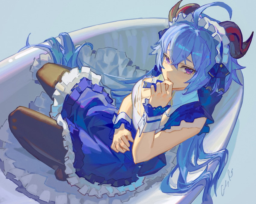 1girl absurdres ahoge alternate_costume bangs bathtub black_thighhighs blue_background blue_dress blue_hair breasts cleavage cleavage_cutout clothing_cutout crossed_bangs dress enmaided frilled_skirt frills ganyu_(genshin_impact) genshin_impact goat_horns hand_up highres horns long_hair maid maid_headdress open_mouth purple_eyes rui_(gsr1982) signature skirt sleeveless sleeveless_dress solo thighhighs wrist_cuffs