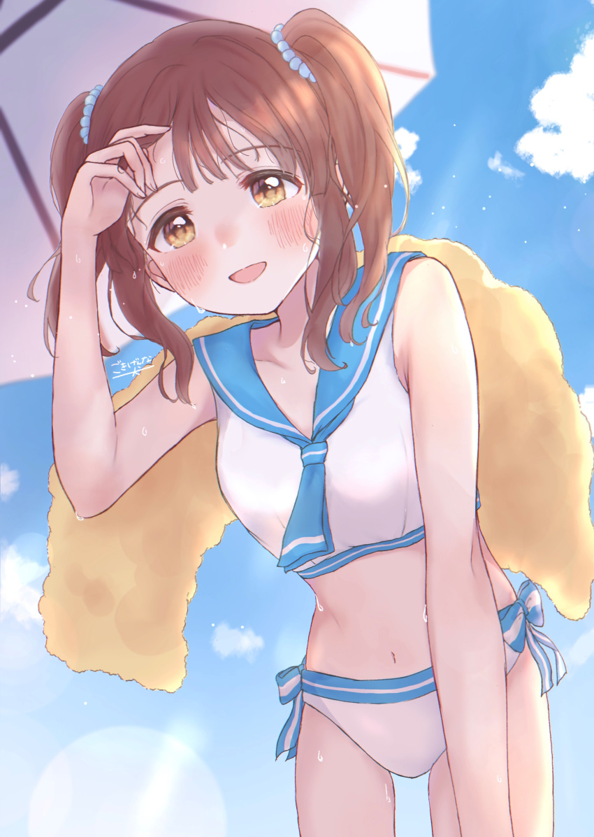 1girl absurdres aimimc ascot bare_arms bare_shoulders bead_band bikini blue_ascot blue_sailor_collar blue_sky blush brown_hair cloud collarbone cowboy_shot highres idolmaster idolmaster_cinderella_girls idolmaster_cinderella_girls_starlight_stage looking_at_viewer medium_hair midriff navel ogata_chieri open_mouth parasol sailor_collar sailor_swimsuit_(idolmaster) sidelocks sky smile swimsuit tareme towel twintails umbrella wet white_bikini yellow_eyes