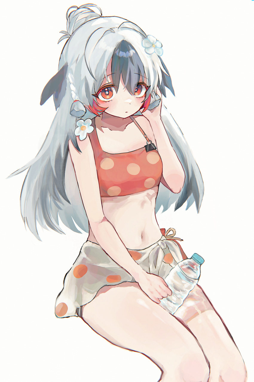 1girl absurdres arknights bare_shoulders bikini bikini_top_only black_hair bottle breasts collarbone feather_hair feet_out_of_frame flower grey_hair hair_flower hair_ornament highres invisible_chair long_hair morita_(pixiv31883607) multicolored_hair navel red_bikini red_hair sarong simple_background sitting small_breasts snowsant_(arknights) solo swimsuit two-tone_hair very_long_hair water_bottle white_background white_flower