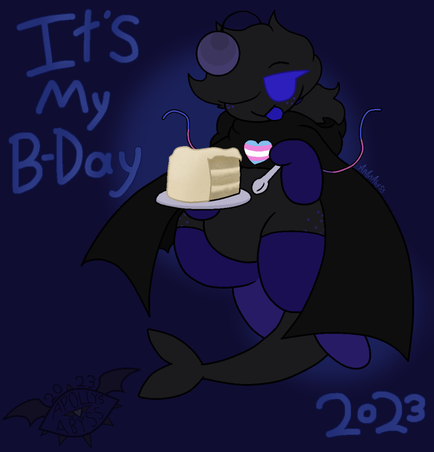 anglerfish anthro apollysabyss birthday birthday_cake bisexual_pride_colors black_swallower cake clothing cutlery dessert eating eating_food english_text female fish food gloomyfish_(apollysabyss) gloves handwear hi_res hooded_cloak indigo_eyes indigo_tongue kitchen_utensils legwear lgbt_pride marine pride_colors solo spoon stockings text tools trans_(lore) trans_woman_(lore) transgender_pride_colors