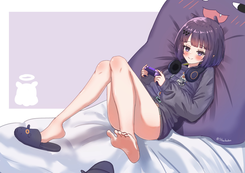 1girl blush breasts controller game_controller headphones headphones_around_neck highres hololive hololive_english hood hoodie looking_at_viewer ninomae_ina'nis ninomae_ina'nis_(5th_costume) pointy_ears purple_eyes purple_footwear purple_hair purple_hood purple_hoodie sharkudon short_hair slippers small_breasts smile solo takodachi_(ninomae_ina'nis) virtual_youtuber