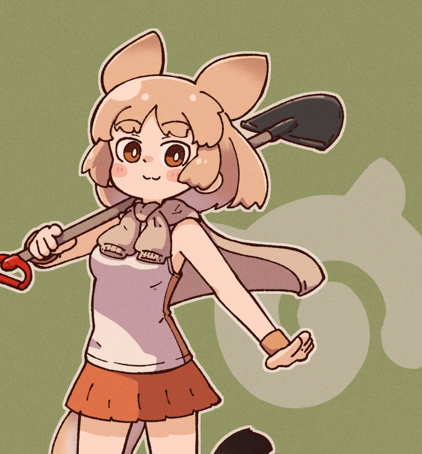 :3 animal_ears bare_shoulders blonde_hair blush brown_shirt commentary_request cowboy_shot extra_ears fox_ears fox_girl fox_tail highres japari_symbol kemono_friends looking_at_viewer orange_eyes orange_skirt pale_fox_(kemono_friends) pleated_skirt shirt short_hair shovel skirt sleeveless sorairo_meronpan tail two-tone_shirt white_shirt wristband