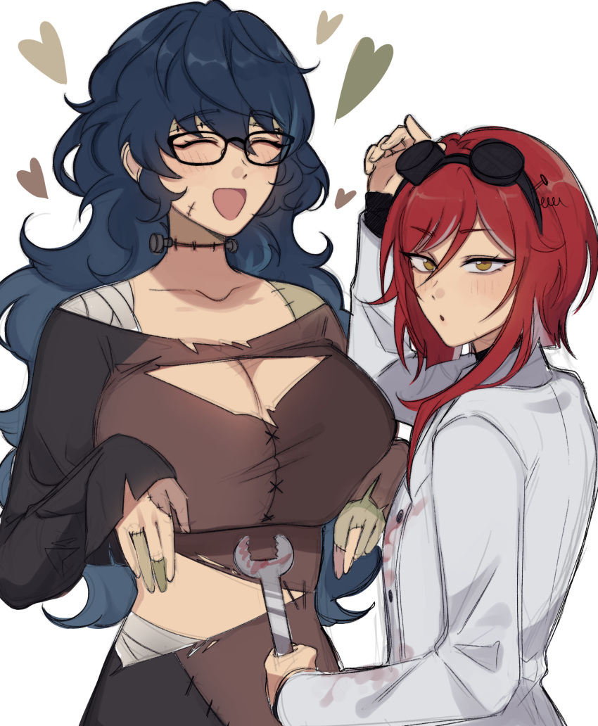 2girls aoba_tsumugi blue_hair blush breasts cleavage closed_eyes cosplay ensemble_stars! frankenstein's_monster frankenstein's_monster_(cosplay) genderswap genderswap_(mtf) glasses goggles goggles_on_head heart highres lab_coat long_hair lummy_yummy multicolored_hair multiple_girls open_mouth red_hair sakasaki_natsume short_hair_with_long_locks sketch smile wavy_hair white_background white_hair yellow_eyes