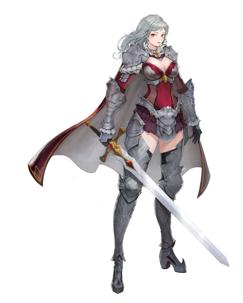 1girl absurdres armor armored_boots black_gloves boots breasts cape cleavage closed_mouth collar commentary cuisses ddcc0123 english_commentary faulds frilled_collar frilled_skirt frills full_body gloves grey_hair highres holding holding_sword holding_weapon large_breasts light_blush lips long_hair long_sleeves looking_at_viewer looking_to_the_side original pauldrons pink_lips poleyn purple_skirt red_bodice red_cape shoulder_armor simple_background skirt solo standing sword tachi-e vambraces weapon white_background yellow_eyes