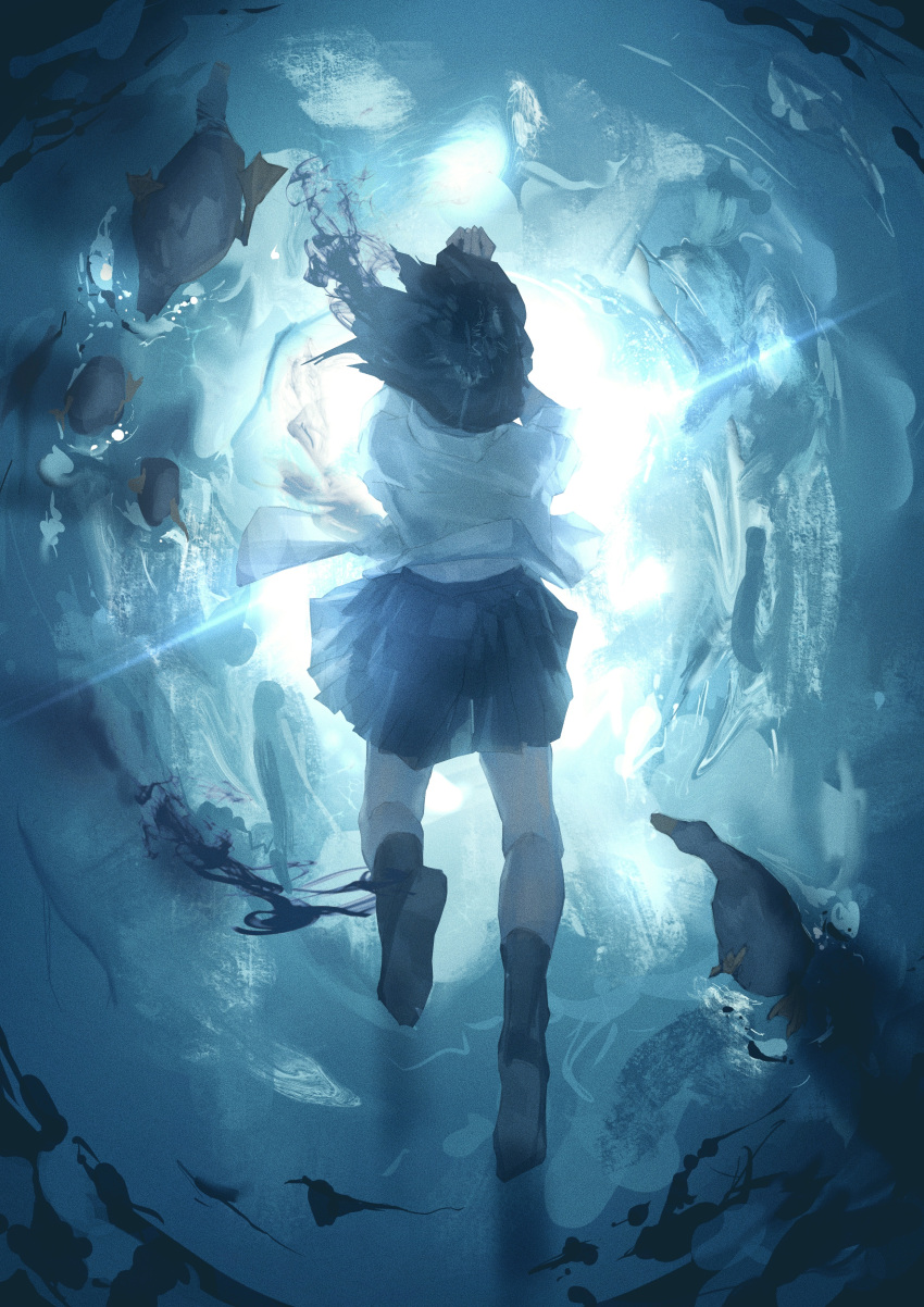 1girl absurdres animal bird black_hair black_skirt duck highres medium_hair neg_(101neg) original pleated_skirt school_uniform shirt skirt solo submerged underwater water white_shirt