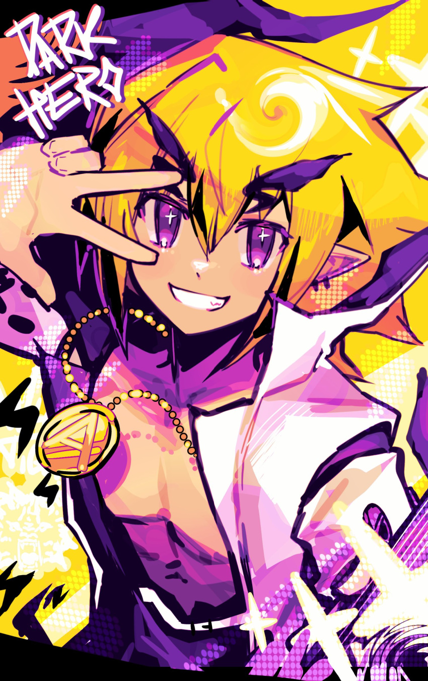 1boy absurdres akutare_(disgaea) belt blonde_hair chain chain_necklace coat colored_shadow disgaea english_text gold_chain grin highres jewelry kasumi_koujou makai_senki_disgaea_2 male_focus necklace pants pointy_ears purple_eyes purple_pants shadow smile solo teeth topless_male v v_over_eye