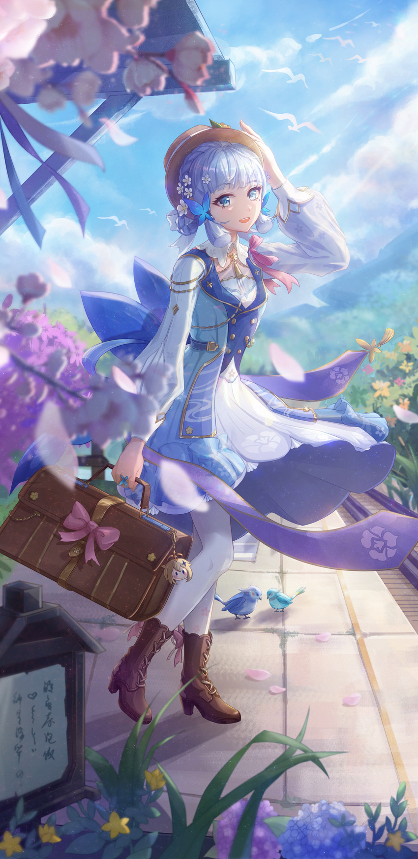 1girl :d absurdres back_bow bag bird blue_bird blue_bow blue_dress blue_eyes blue_flower blue_hair boots bow braid brown_bag brown_footwear brown_headwear bush butterfly_hair_ornament chinese_commentary cloud collar commentary_request day dress falling_petals flower full_body genshin_impact hair_flower hair_ornament hand_on_headwear hat highres holding holding_bag hydrangea kamisato_ayaka kamisato_ayaka_(springbloom_missive) keychain light_rays long_sleeves looking_at_viewer manyuchapaofan93687 official_alternate_costume open_mouth paimon_(genshin_impact) pantyhose petals pink_bow purple_flower railroad_tracks short_hair sign sky smile solo teeth upper_teeth_only white_collar white_flower white_pantyhose yellow_flower