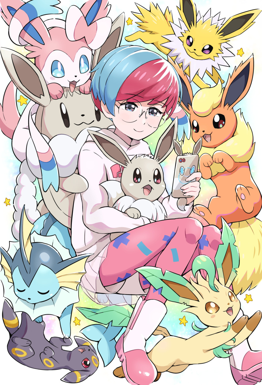 1girl absurdres alternate_color aqua_hair boots closed_mouth commentary_request eevee flareon glasses grey_eyes highres holding holding_phone hood hoodie jolteon leafeon looking_down multicolored_hair pantyhose penny_(pokemon) phone pink_pantyhose pokemoa pokemon pokemon_(creature) pokemon_(game) pokemon_masters_ex rotom rotom_phone round_eyewear see-through see-through_skirt short_hair shorts shorts_under_skirt skirt smile star_(symbol) sylveon two-tone_hair umbreon vaporeon white_footwear white_hoodie white_shorts