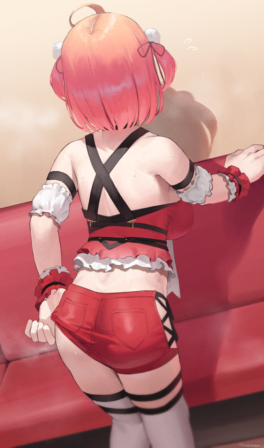 1girl adjusting_clothes adjusting_shorts ahoge arm_support ass back bare_shoulders breasts choker crop_top cuffs dutch_angle facing_away flat_ass flying_sweatdrops frikulu from_behind highres hololive indoors leaning_forward medium_hair over-kneehighs pink_hair pocket sakura_miko shorts solo sweat thighhighs two_side_up virtual_youtuber