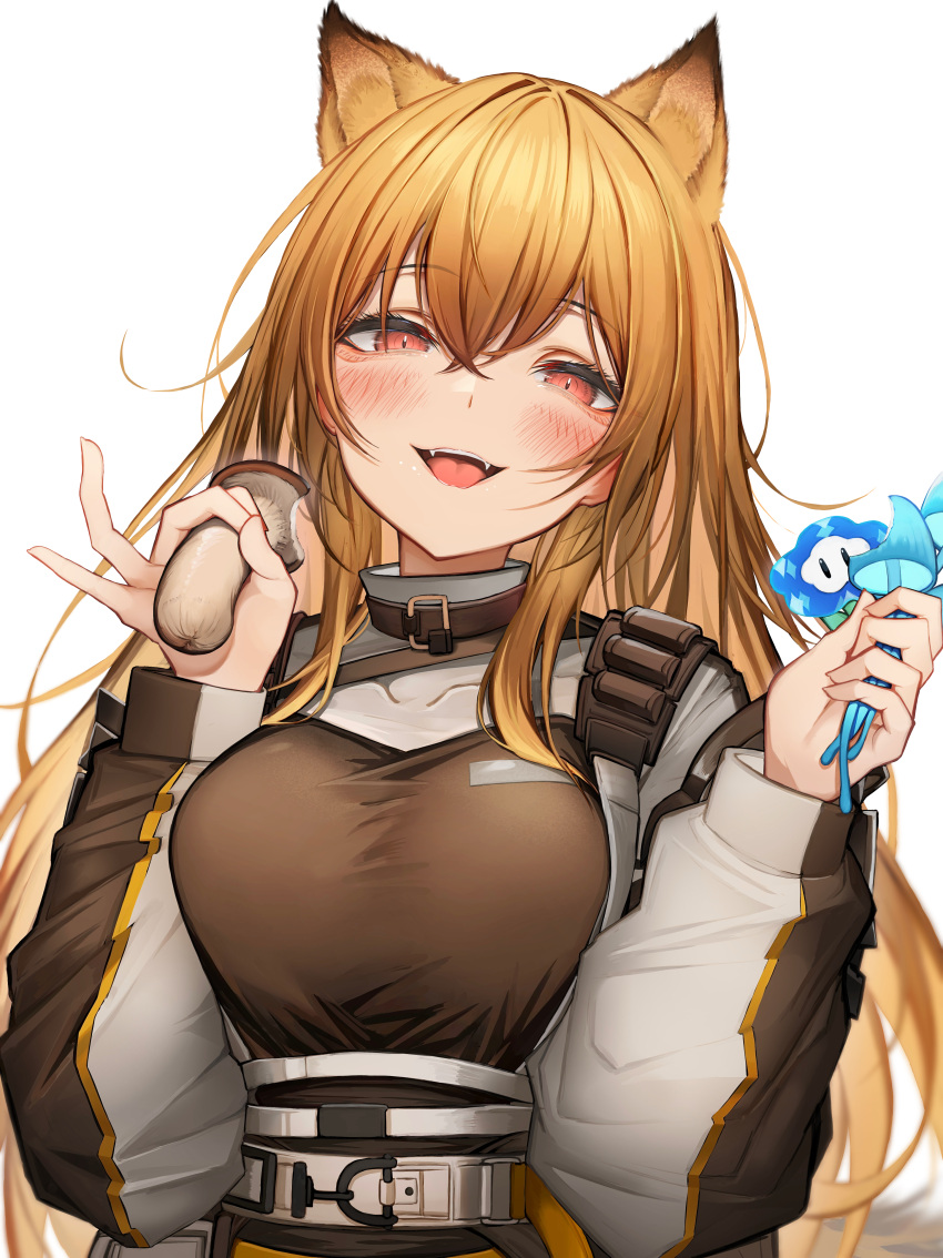 1girl absurdres animal_ear_fluff animal_ears arknights belt blush breasts breath brown_jacket ceobe_(arknights) dog_ears dog_girl fangs hair_between_eyes hands_up highres holding holding_mushroom jacket light_brown_hair long_hair long_sleeves looking_at_viewer multicolored_clothes multicolored_jacket mushroom open_mouth red_eyes simple_background solo tab_head two-tone_jacket upper_body white_background white_jacket