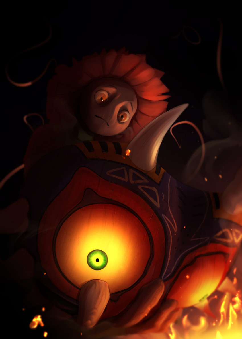 1boy absurdres black_background closed_mouth fire from_below frown highres holding holding_mask horns looking_down majora_(entity) male_focus mask orange_eyes pudgeruffian red_headwear red_shirt shirt short_sleeves skull_kid solo the_legend_of_zelda the_legend_of_zelda:_majora's_mask