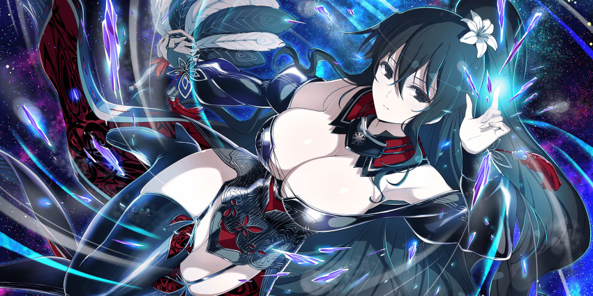 1girl armor armored_dress bare_shoulders black_dress black_eyes black_hair blush breasts bridal_gauntlets cleavage closed_mouth dress expressionless feather_fan flower fubuki_(senran_kagura) garter_straps greaves hair_between_eyes hair_flower hair_ornament hands_up highres ice large_breasts long_hair looking_at_viewer looking_away medium_breasts official_alternate_costume official_alternate_hairstyle official_art open_hand pale_skin ponytail senran_kagura senran_kagura_new_link solo thighhighs thighs two_side_up very_long_hair wavy_hair yaegashi_nan