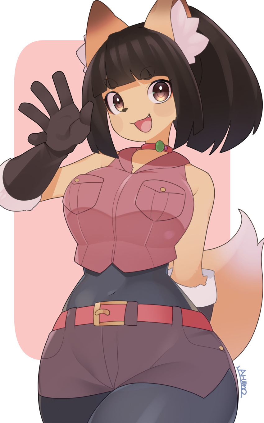 absurd_res anthro armwear arumo big_breasts black_clothing black_gloves black_hair black_handwear breast_pockets breasts canid canine clothing elbow_gloves female fox gloves hair handwear hi_res komena_akamori looking_at_viewer mammal open_mouth ponytail short_hair short_ponytail smile solo