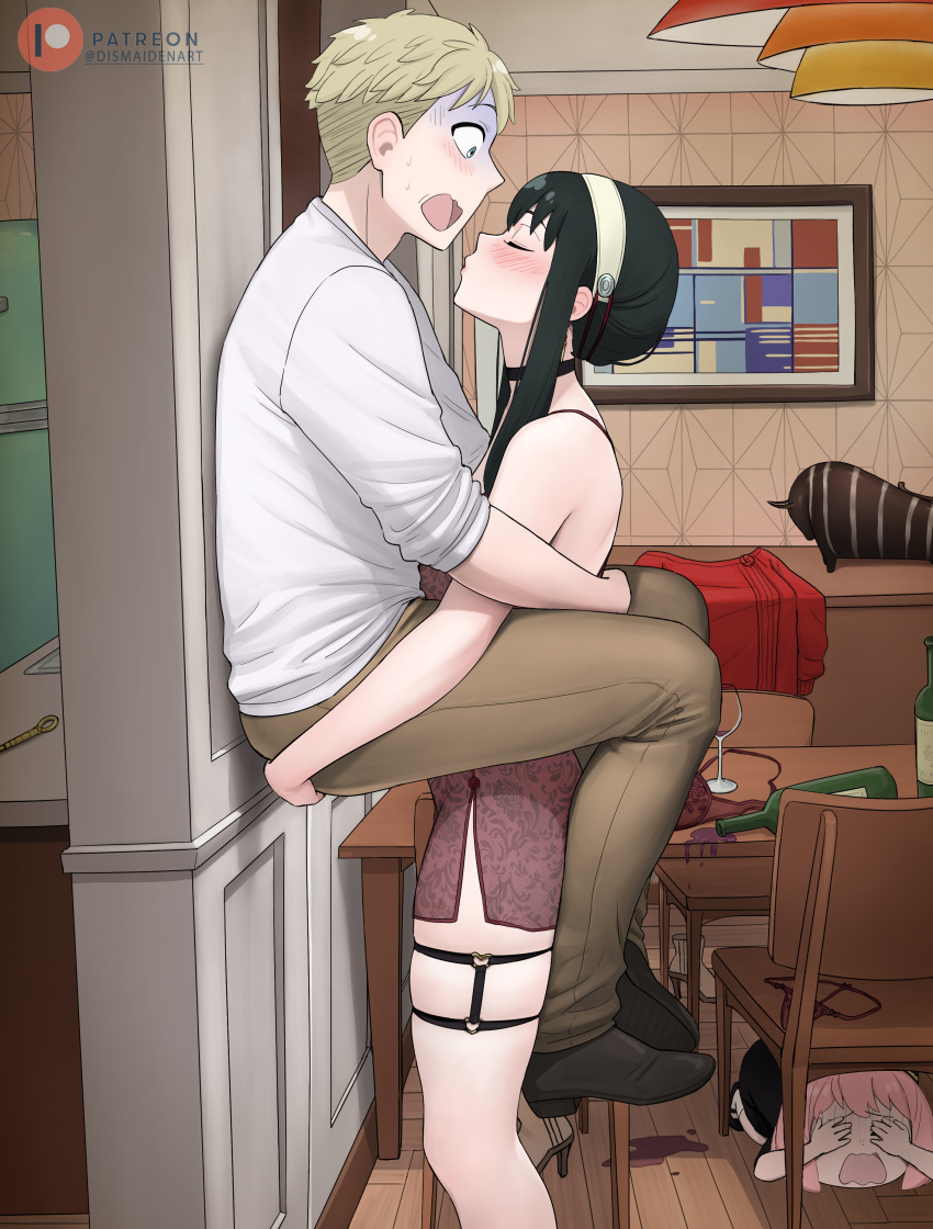 1boy 2girls absurdres anya_(spy_x_family) black_choker black_hair blonde_hair blue_eyes blush bottle brown_footwear brown_pants chair choker closed_eyes covering_own_eyes cup dismaiden dress drinking_glass drunk highres incoming_kiss indoors multiple_girls painting_(object) pants patreon_logo patreon_username pink_hair red_dress red_sweater shirt short_hair spill spy_x_family sweater table twilight_(spy_x_family) white_shirt wine_bottle wine_glass wooden_chair wooden_floor wooden_table yor_briar