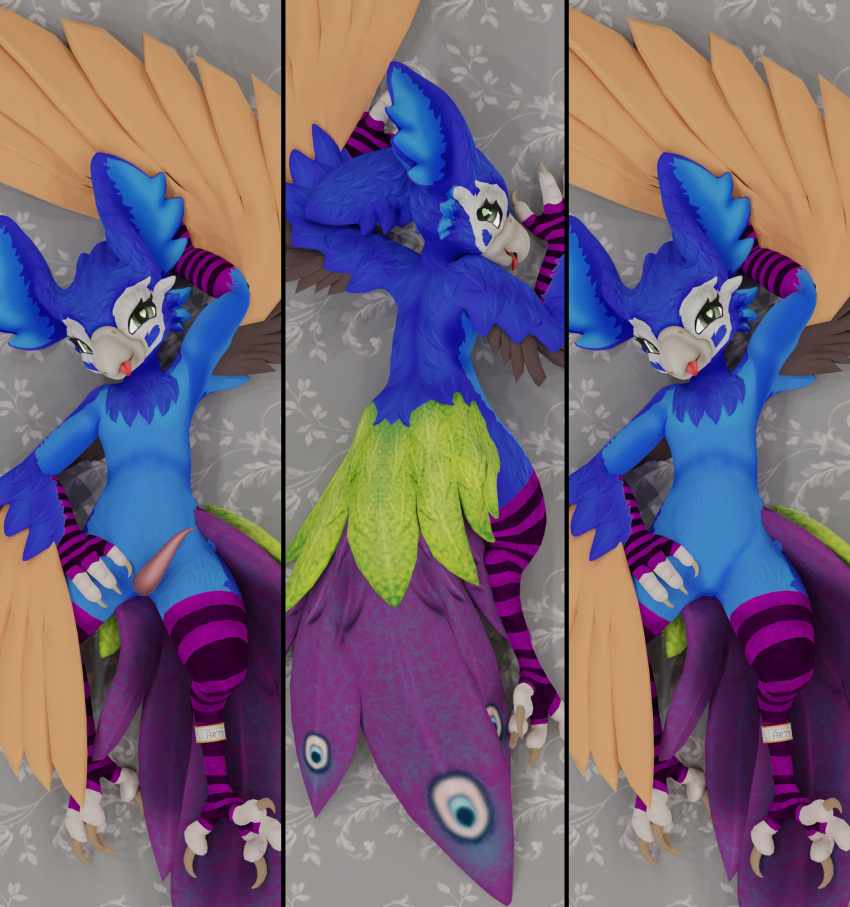 15:16 3 3_eyes 3_fingers 3d_(artwork) 4_toes anklet anthro arm_warmers armwear avian avian_feet avian_penis beak beanthusiast biped bird blender_(software) blender_cycles blep blue_body blue_feathers chest_tuft chipori claws clothing dakimakura_design digital_media_(artwork) digitigrade english_text erection feathered_arms feathered_wings feathers featureless_crotch feet fingers floral_pattern galliform genitals green_body green_eyes green_feathers hand_behind_head hand_on_hip hi_res humanoid jewelry legwear looking_at_viewer looking_back looking_back_at_viewer male multi_eye multiple_images narrowed_eyes nude orange_body orange_feathers paws peacock_feather peafowl penis phasianid presenting presenting_penis purple_body purple_feathers rear_view sasithya seductive simple_background smile spread_toes stockings tail talons tapering_penis text toe_curl toes tongue tongue_out tuft winged_arms wings