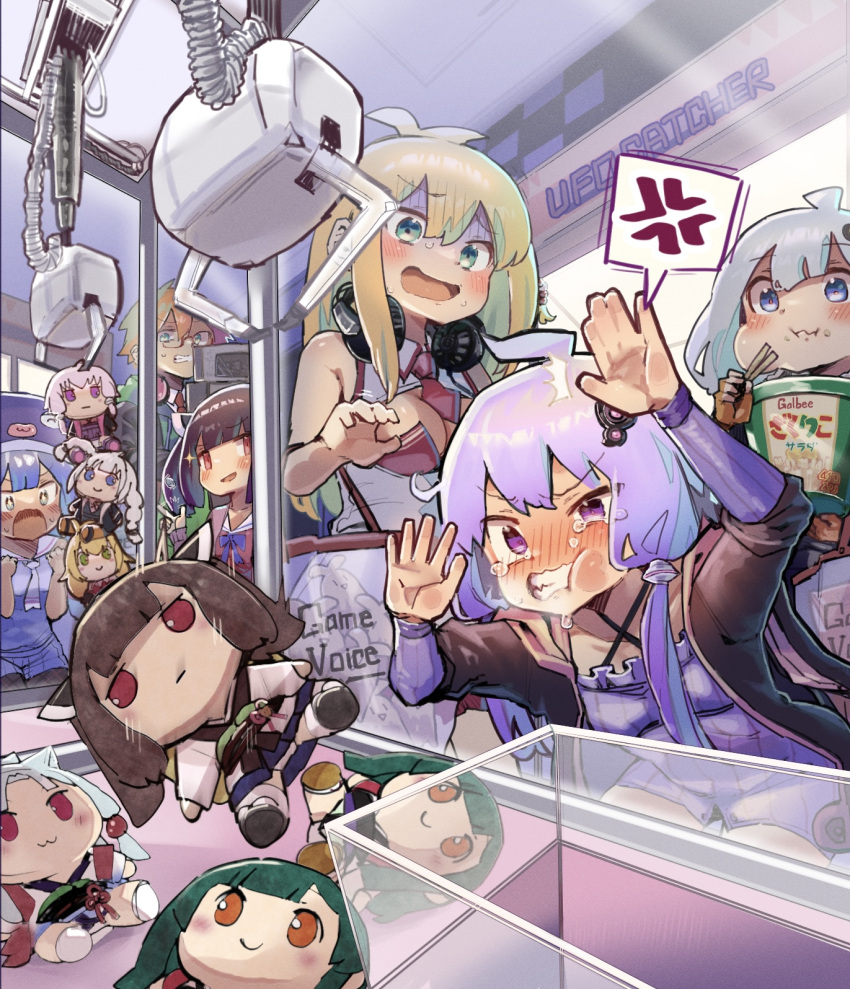 1boy 5girls against_glass anger_vein blonde_hair blue_eyes blue_hair blush brown_hair crane_game doyagao eating fumo_(doll) glasses green_eyes hat headphones headphones_around_neck highres kizuna_akari long_hair minase_kou multiple_girls orange_hair otomachi_una purple_eyes purple_hair siwasunohige smug spoken_anger_vein tears touhoku_itako touhoku_kiritan touhoku_zunko tsurumaki_maki voiceroid yuzuki_yukari