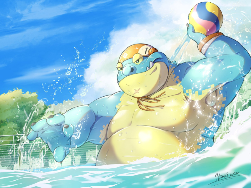 4:3 anthro ball belly blue_body crocodile crocodilian crocodylid green_eyes hi_res lifewonders makara male moobs overweight partially_submerged reptile scalie solo swimming_cap tokyo_afterschool_summoners water water_polo x_itsuiwaw