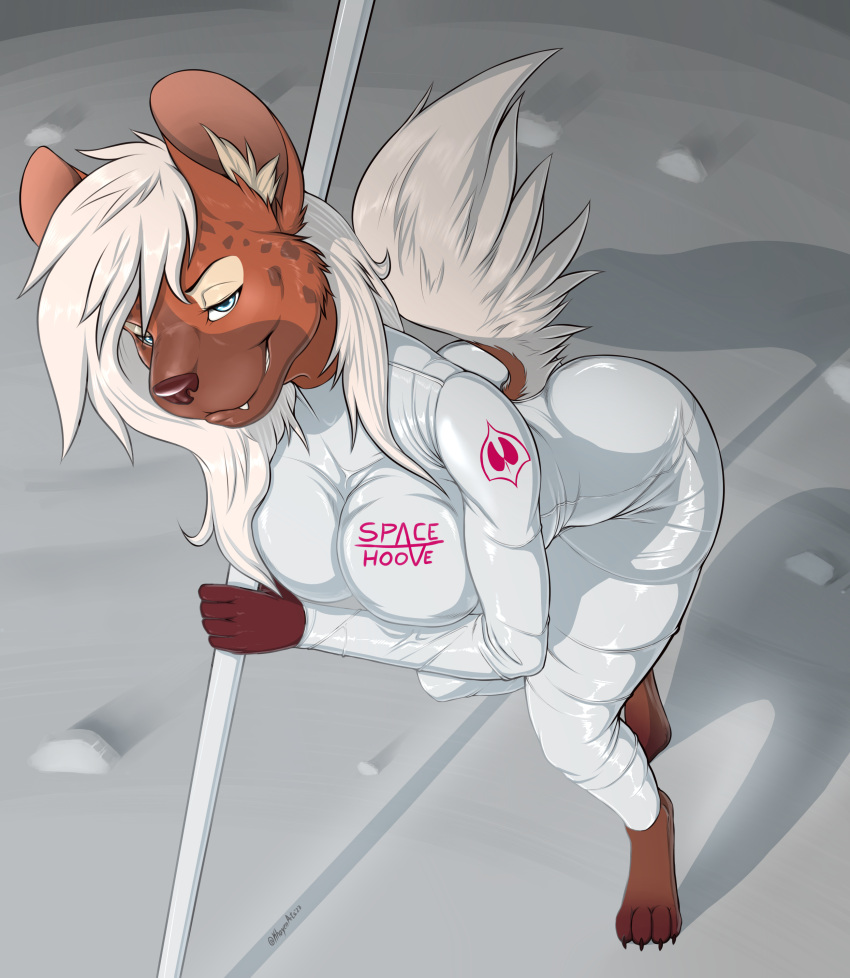 2023 absurd_res anthro astronaut astronaut_suit barefoot biped blue_eyes brown_body brown_nose clothed clothing digital_drawing_(artwork) digital_media_(artwork) ear_tuft english_text eyebrows feet female fluffy fluffy_tail hair hi_res hyena khayen looking_at_viewer mammal pole signature simple_background solo spots suggestive tail teeth text tight_clothing tuft white_clothing white_hair