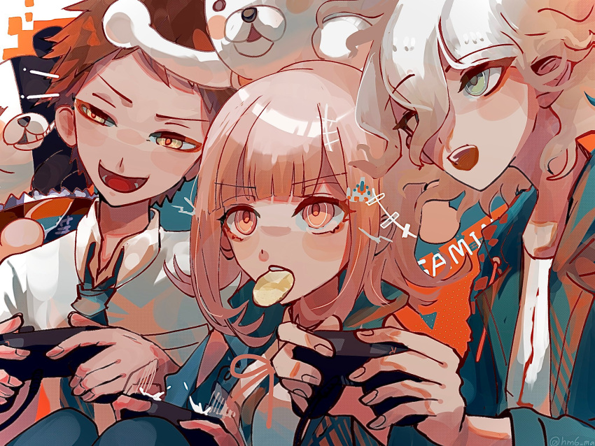 1girl 2boys black_shirt brown_eyes brown_hair collared_shirt controller danganronpa_(series) danganronpa_2:_goodbye_despair dress_shirt flipped_hair food_in_mouth galaga game_controller green_jacket green_necktie hair_ornament highres hinata_hajime holding holding_controller hood hooded_jacket jacket kata_tsumurou komaeda_nagito long_sleeves medium_hair messy_hair monokuma monomi_(danganronpa) multiple_boys nanami_chiaki neck_ribbon necktie open_clothes open_mouth pink_eyes pink_ribbon playing_games ribbon shirt short_hair short_sleeves white_hair white_shirt