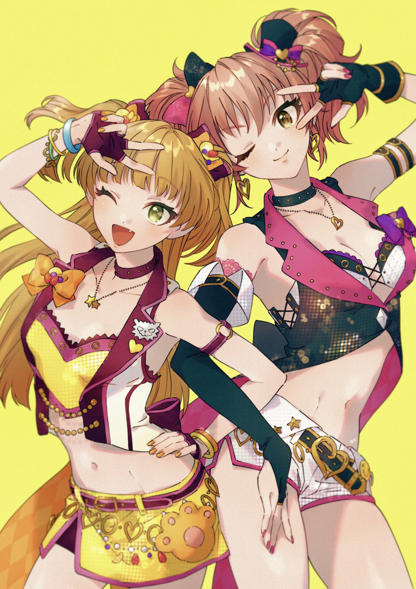 2girls ;d animal_hands arm_up armpits bare_shoulders belly_chain belt bikini black_armband black_belt black_choker black_gloves blonde_hair blush bow breasts bridal_gauntlets choker cleavage closed_mouth collarbone cowboy_shot crop_top cropped_jacket dot_nose earrings fang fingerless_gloves food fruit gloves green_eyes hair_between_eyes hair_bow hair_ribbon half_gloves hand_on_own_hip hat hat_ribbon heart heart_earrings heart_necklace highres idolmaster idolmaster_cinderella_girls idolmaster_cinderella_girls_starlight_stage jacket jewelry jougasaki_mika jougasaki_rika long_hair looking_at_viewer medium_breasts midriff min_(812nn_im) mini_hat multicolored_clothes multicolored_jacket multiple_bracelets multiple_girls navel necklace one_eye_closed open_clothes open_jacket open_mouth orange_nails orange_ribbon pink_hair pink_nails purple_choker purple_gloves purple_ribbon ribbon short_shorts shorts siblings side_slit simple_background single_bridal_gauntlet sisters sleeveless sleeveless_jacket small_breasts smile star_(symbol) star_necklace swimsuit twintails two-tone_jacket two-tone_ribbon two_side_up w white_bikini white_jacket white_shorts yellow_background yellow_eyes yellow_shorts yellow_tube_top