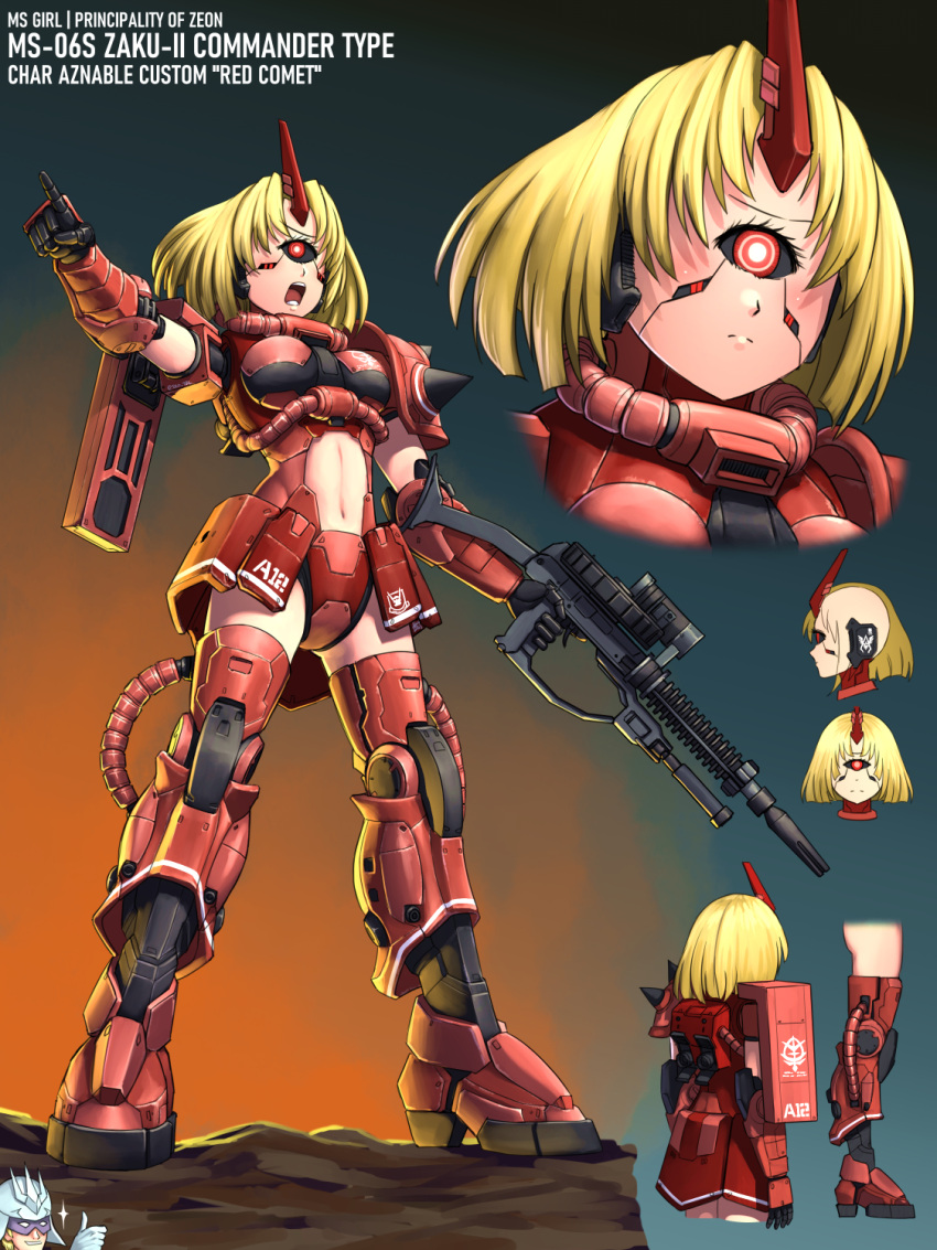 1girl black_sclera blonde_hair breasts char_aznable clothing_cutout colored_sclera cyclops gun gundam highres holding holding_gun holding_weapon horns joints mecha_musume medium_breasts mobile_suit_gundam navel one-eyed open_mouth personification pointing red_eyes robot_joints single_horn standing stomach_cutout substance20 thumbs_up weapon zaku_ii zaku_ii_s_char_custom