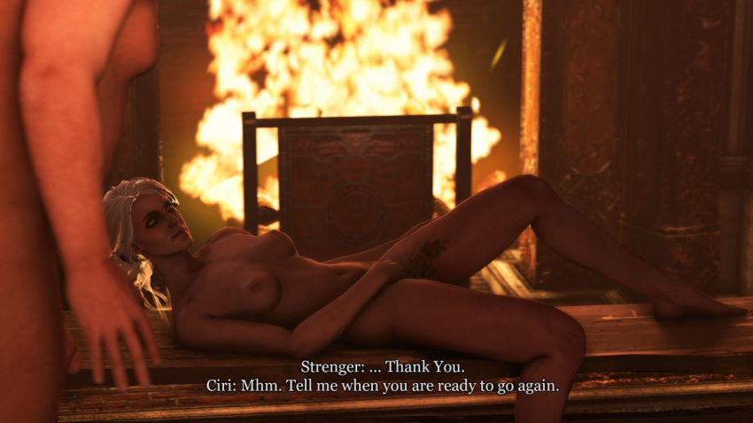1boy 1girl age_difference baron_phillip_strenger breasts character_name ciri closed_mouth completely_nude english_text fire green_eyes indoors lying m1stermorden nude the_witcher_(series) the_witcher_3 white_hair