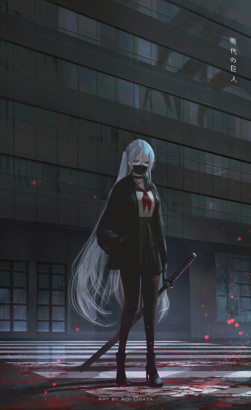 1girl aoi_ogata artist_name black_footwear black_jacket black_pantyhose black_sailor_collar black_skirt blood boots breasts building clip_studio_paint_(medium) commentary english_commentary grey_eyes grey_hair hair_between_eyes hand_in_pocket high_heel_boots high_heels highres holding_strap jacket katana long_hair mask medium_breasts mouth_mask neckerchief one_side_up open_clothes open_jacket original outdoors pantyhose pleated_skirt red_neckerchief sailor_collar sheath sheathed shirt skirt solo standing sword translation_request very_long_hair weapon white_shirt window