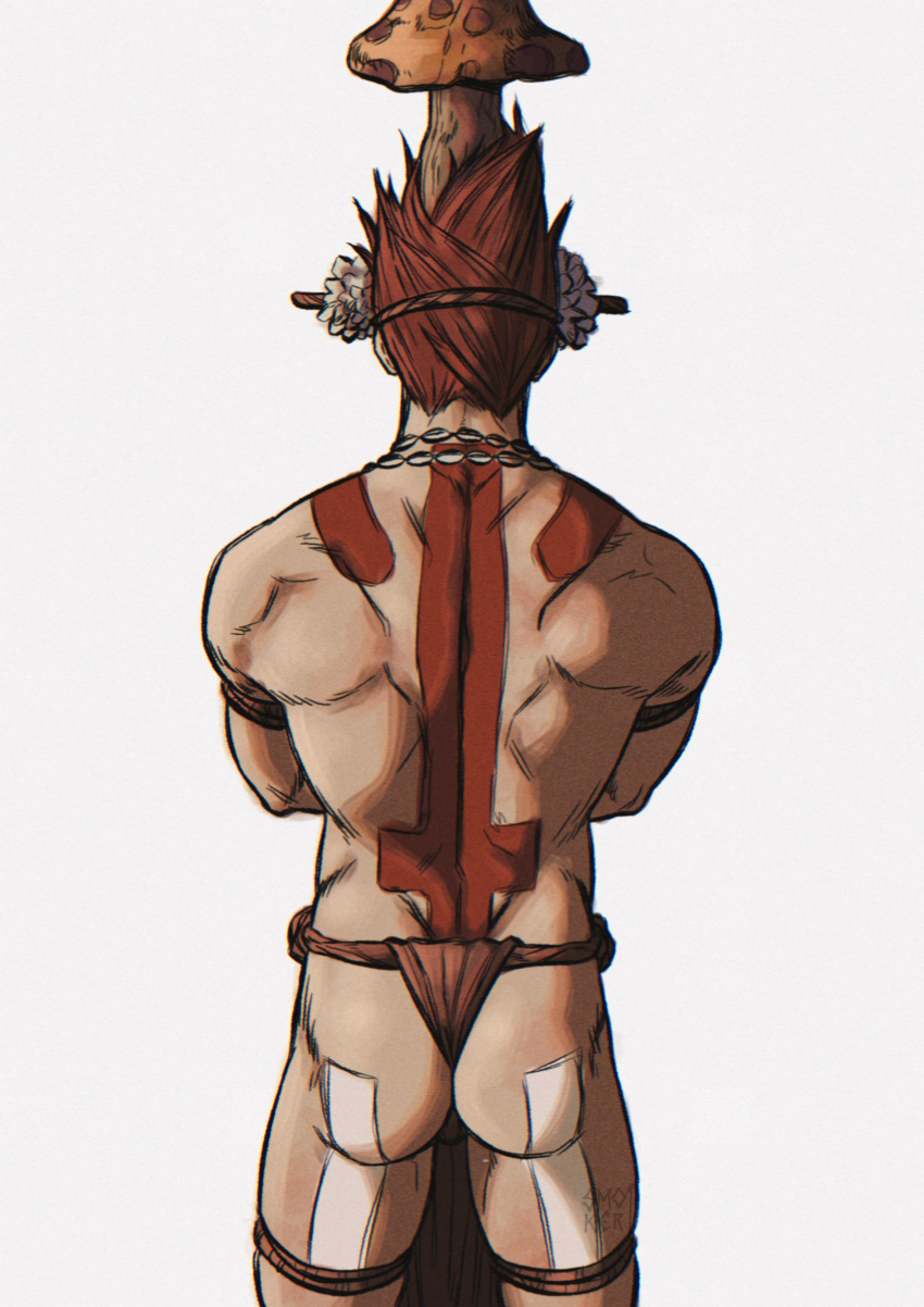 1boy absurdres alternate_costume ass back_tattoo bara bound bound_arms bound_legs dorohedoro en_(dorohedoro) facing_away from_behind highres jewelry loincloth male_focus muscular muscular_male mushroom necklace red_hair rope shibari short_hair smokerichi solo spiked_hair tattoo topless_male