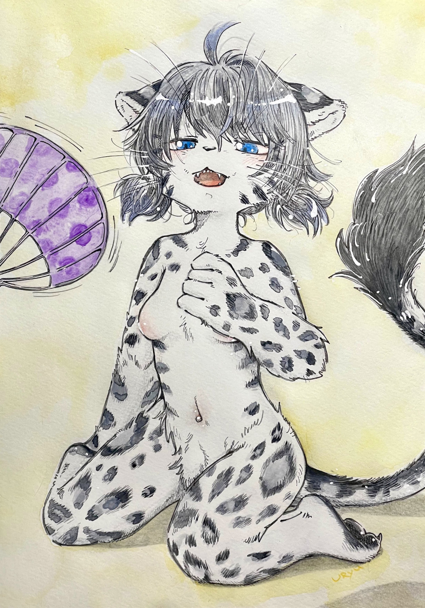 2023 absurd_res ahoge anthro black_body black_fur blue_eyes blush breasts claws fangs feet felid female female_anthro fluffy fur grey_body grey_fur grey_hair hair half-closed_eyes hi_res kemono looking_at_viewer mammal motion_lines narrowed_eyes navel nude nyatelier_12 open_mouth painting_(artwork) pantherine paper_fan pawpads paws pubes short_hair sitting small_breasts snow_leopard solo spots spotted_body spotted_fur teeth toe_claws toes tongue traditional_media_(artwork) wariza watercolor_(artwork) whiskers white_body white_fur