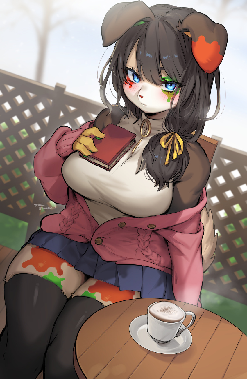 1girl absurdres animal_ears animal_nose bare_shoulders black_hair black_thighhighs blue_eyes blue_skirt book breasts closed_mouth coffee coffee_cup cup disposable_cup furry furry_female highres holding holding_book large_breasts long_hair looking_at_viewer original sitting skirt snout solo suurin_(ksyaro) thighhighs thighs zettai_ryouiki