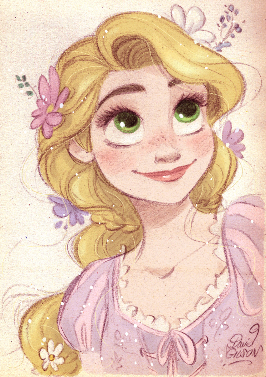 1girl absurdres artist_name blonde_hair david_gilson dress flower freckles green_eyes hair_flower hair_ornament highres pink_dress pink_flower portrait rapunzel_(disney) signature simple_background solo tangled watermark