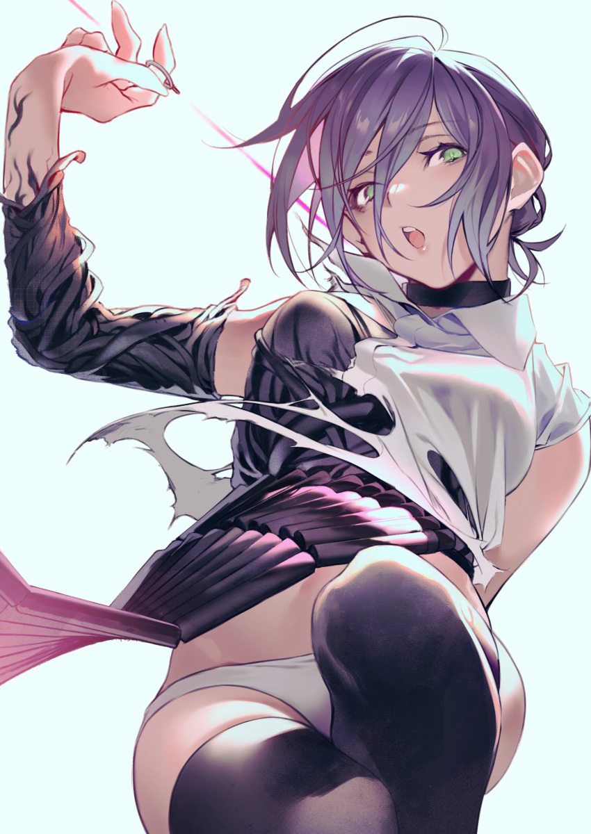 1girl absurdres black_choker black_hair black_thighhighs bomb_devil_(chainsaw_man) chainsaw_man choker grenade_pin hair_bun highres hiro_(hirohiro_gorira) medium_hair open_mouth reze_(chainsaw_man) shirt simple_background single_hair_bun solo teeth thighhighs torn_clothes torn_shirt upper_teeth_only white_background white_shirt