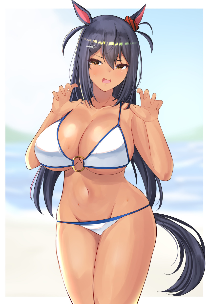 1girl absurdres animal_ears bare_shoulders bikini black_hair blurry blurry_background breasts claw_pose cleavage cowboy_shot cropped_legs dark-skinned_female dark_skin ear_ornament fang highres hishi_amazon_(umamusume) horse_ears horse_girl horse_tail large_breasts o-ring o-ring_bikini open_mouth outdoors simple_background skin_fang smile solo solo_focus swimsuit tail tf_cafe umamusume white_background white_bikini