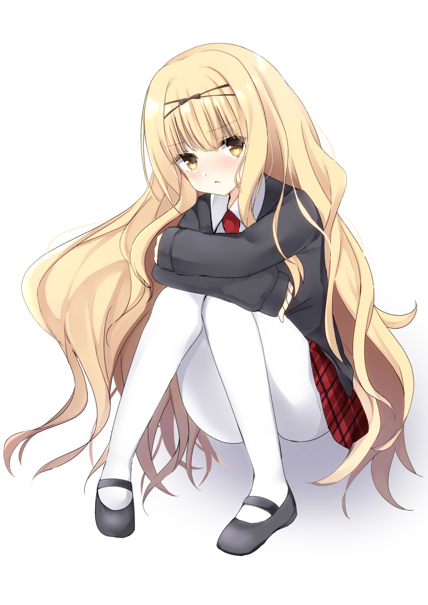 1girl absurdres biiru black_footwear black_hairband black_jacket blonde_hair collared_shirt full_body hairband highres jacket long_hair long_sleeves mashiro_rima necktie pantyhose plaid plaid_skirt red_necktie red_skirt school_uniform seiyo_academy_school_uniform shirt shugo_chara! sitting skirt solo wavy_hair white_background white_pantyhose white_shirt yellow_eyes