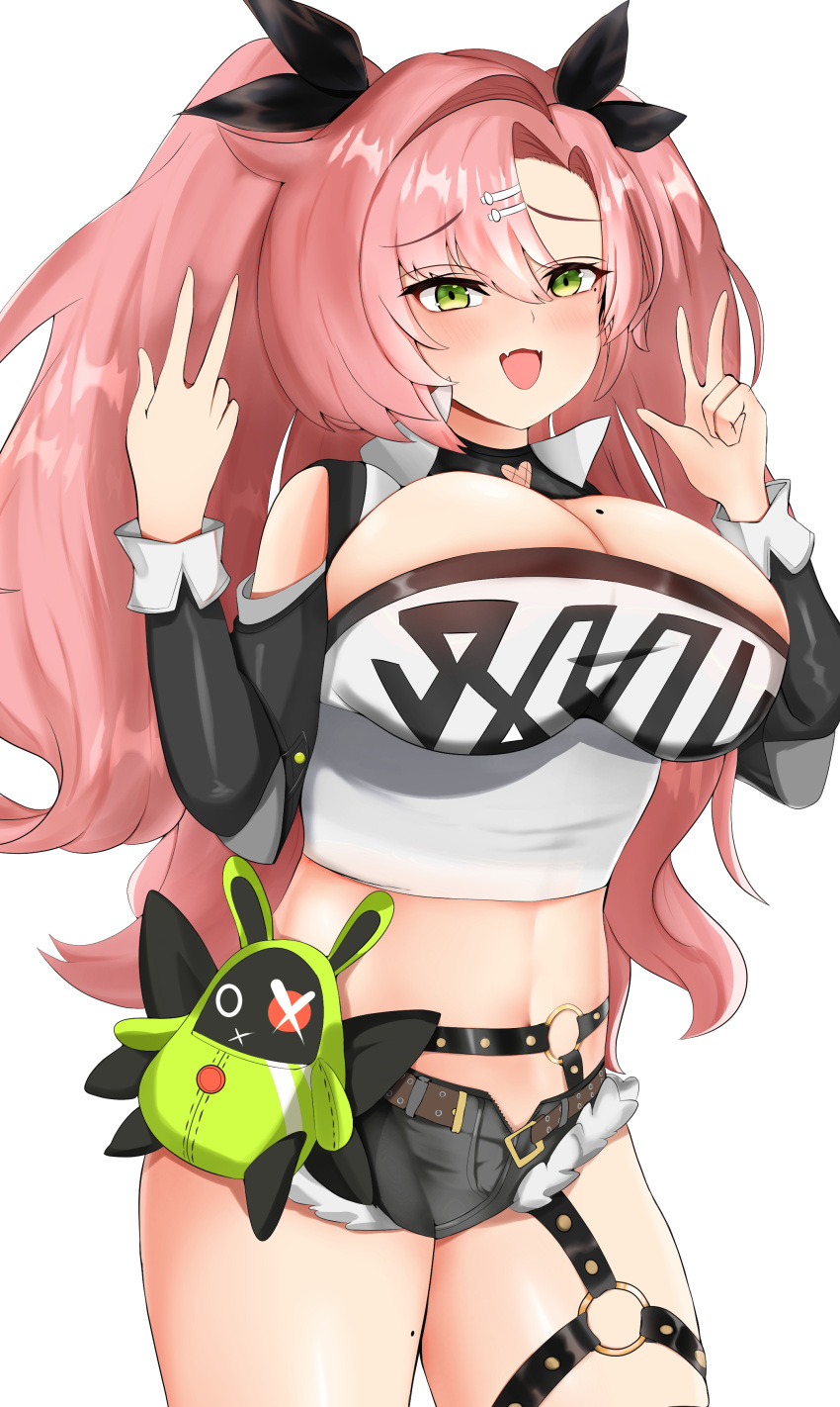 1girl absurdres bare_shoulders belt black_belt black_ribbon breasts commentary_request crop_top double_v green_eyes hair_ribbon highres large_breasts long_hair long_sleeves looking_at_viewer midriff navel nicole_demara open_mouth pink_hair pink_lips pokko ribbon short_shorts shorts smile solo stomach strapless tube_top upper_body v very_long_hair zenless_zone_zero