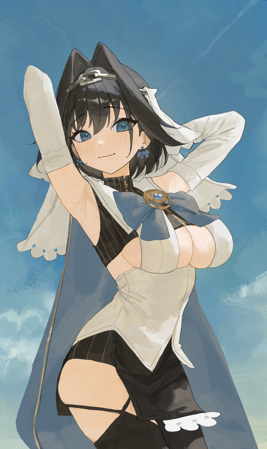 1girl absurdres arch_05x armpits arms_behind_head black_hair black_skirt black_thighhighs blue_bow blue_cape blue_eyes blue_sky bow bow_earrings breasts cape chain_headband cleavage_cutout closed_mouth clothing_cutout cloud commentary cowboy_shot detached_sleeves earrings english_commentary frilled_skirt frills hair_between_eyes hair_intakes heart-shaped_gem highres hololive hololive_english jewelry large_breasts light_smile long_sleeves looking_at_viewer miniskirt ouro_kronii ouro_kronii_(1st_costume) shirt short_hair skirt sky sleeveless sleeveless_shirt solo thighhighs underboob virtual_youtuber white_sleeves