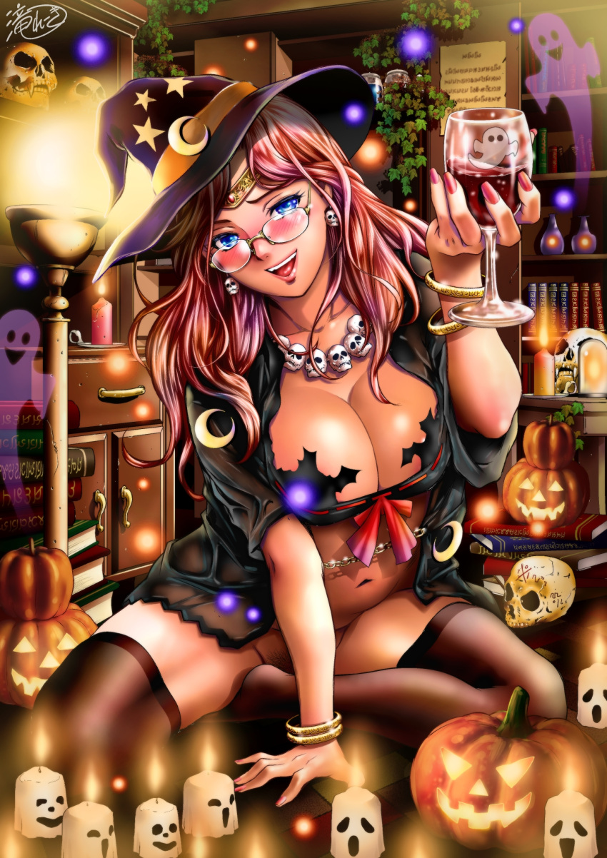 1girl :d alcohol arm_support bangle black_thighhighs blue_eyes blush book bookshelf bottomless bracelet breasts candle candlestand circlet commentary_request crescent crescent_hat_ornament cup cupping_glass curvy drinking_glass earrings female_pubic_hair fingernails glasses halloween halloween_costume hat hat_ornament highres holding holding_cup indoors ivy jack-o'-lantern jewelry large_breasts leaning_forward lips long_hair looking_at_viewer looking_over_eyewear nail_polish navel necklace no_shoes nose_blush on_floor open_clothes original pink_hair pink_lips pink_nails pubic_hair pumpkin red_hair ribbon ribbon_trim runes sitting skull skull_earrings skull_necklace smile solo star_(symbol) star_hat_ornament taki_reki thighhighs wine wine_glass witch witch_hat