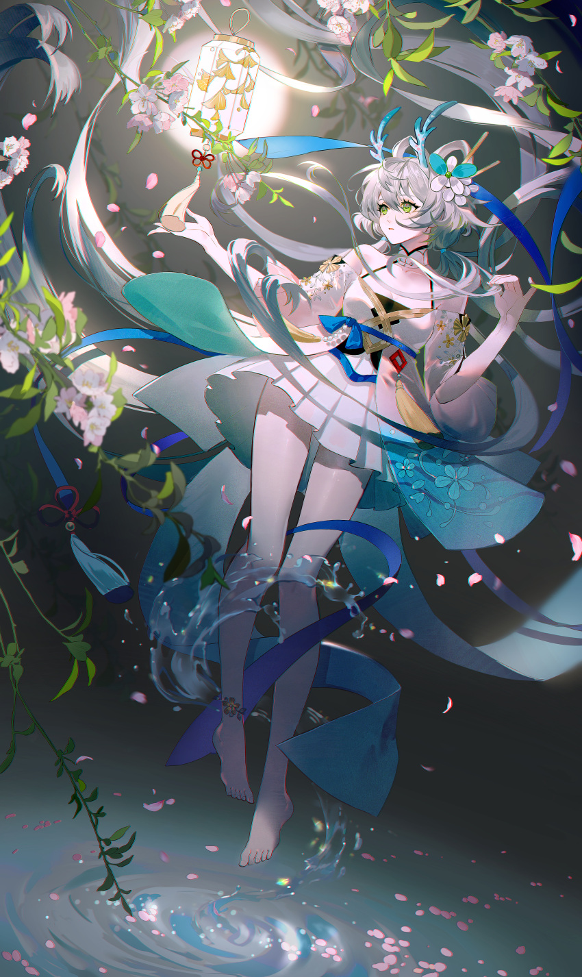 1girl absurdres bare_legs bare_shoulders barefoot blue_dress closed_mouth commentary_request dress flower full_body gradient_dress green_eyes grey_hair guaisen hair_flower hair_ornament hair_rings hands_up highres lantern long_hair low_twintails luo_tianyi off-shoulder_dress off_shoulder skirt sleeves_past_elbows solo tassel twintails very_long_hair vocaloid vsinger water white_dress white_flower white_skirt