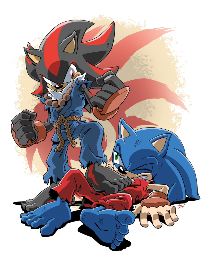 2023 5_fingers 5_toes akuma_(street_fighter) angry anthro barefoot capcom clothing cosplay crossover crossover_cosplay defeated duo eulipotyphlan feet fingers green_eyes hedgehog hi_res humanoid_feet ken_masters male mammal plantigrade red_eyes rope sega shadow_the_hedgehog signature simple_background soles sonic_the_hedgehog sonic_the_hedgehog_(series) street_fighter toes tracy_yardley