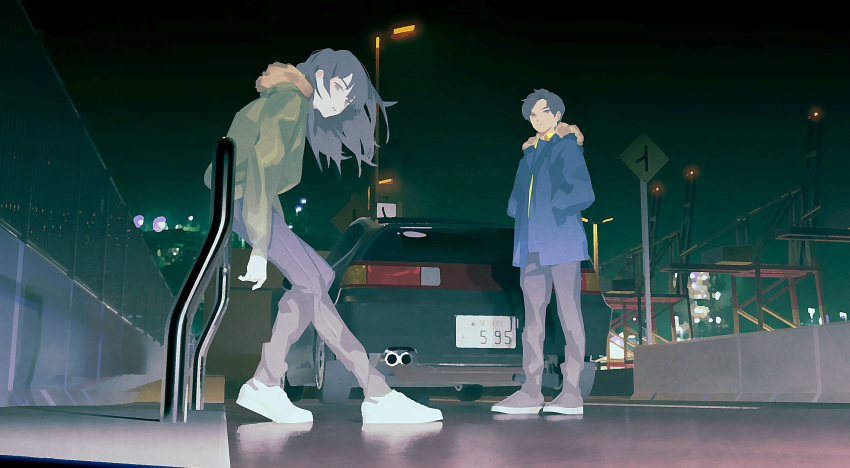 1boy 1girl absurdres against_railing black_car black_hair blue_coat coat commentary dock english_commentary from_below full_body green_coat grey_pants hands_in_pockets highres honda honda_cr-x leaning_forward license_plate looking_at_viewer medium_hair motor_vehicle night night_sky oomiya_io original outdoors pants railing sitting sky white_sneakers