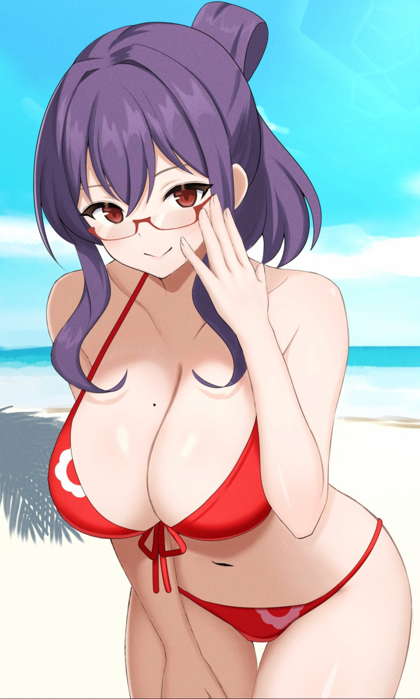 1girl adjusting_eyewear bare_arms bare_shoulders beach bikini blue_sky breasts cleavage closed_mouth cloud collarbone commentary_request cowboy_shot day folded_ponytail front-tie_bikini_top front-tie_top hair_between_eyes halterneck hand_on_own_thigh hand_up highres horizon large_breasts leaning_forward lens_flare light_blush long_hair looking_at_viewer mole mole_on_breast navel ocean outdoors purple_hair red-framed_eyewear red_bikini red_eyes semi-rimless_eyewear senran_kagura sidelocks sky smile solo standing stomach surippa1010 suzune_(senran_kagura) swimsuit thigh_gap under-rim_eyewear