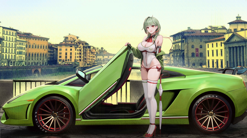 1girl :d absurdres ahoge ascot azur_lane bare_shoulders black_gloves breasts bridge canal car city cleavage cleavage_cutout closed_umbrella clothing_cutout commentary detached_collar elbow_gloves fingerless_gloves full_body giuseppe_garibaldi_(azur_lane) gloves green_hair green_jacket high_heels highres holding holding_umbrella jacket jewelry kcar66t large_breasts leotard location_request long_hair looking_at_viewer motor_vehicle multicolored_hair off_shoulder open_mouth outdoors race_queen red_ascot red_eyes red_footwear red_hair red_nails sidelocks skindentation smile solo standing streaked_hair thighhighs umbrella vehicle_request white_leotard white_thighhighs zipper