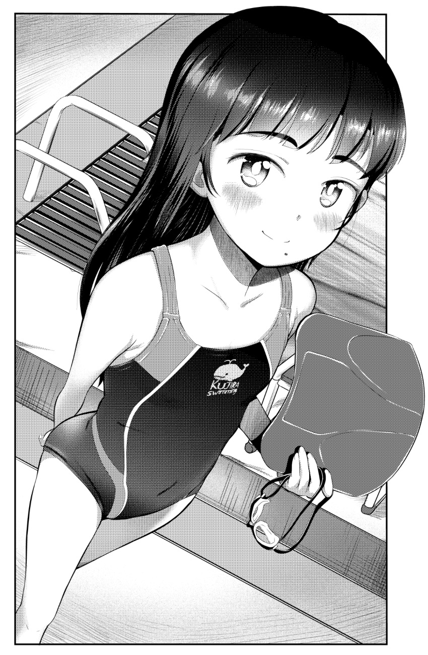 1girl commentary competition_swimsuit covered_navel flat_chest from_above goggles goggles_removed greyscale highres holding holding_goggles kickboard long_hair looking_at_viewer mayafufu monochrome multicolored_clothes multicolored_swimsuit one-piece_swimsuit original pool_ladder poolside smile solo swimsuit