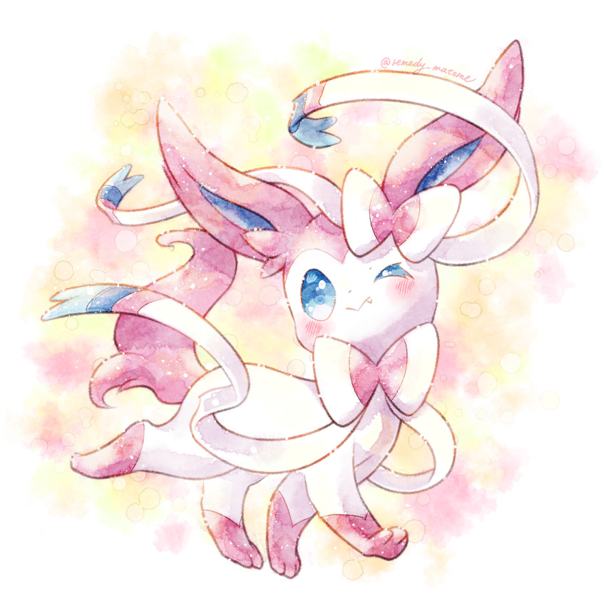 ;&gt; blue_eyes blush closed_mouth commentary_request fang fang_out full_body highres looking_up no_humans pokemon pokemon_(creature) remedy_matome smile solo standing sylveon