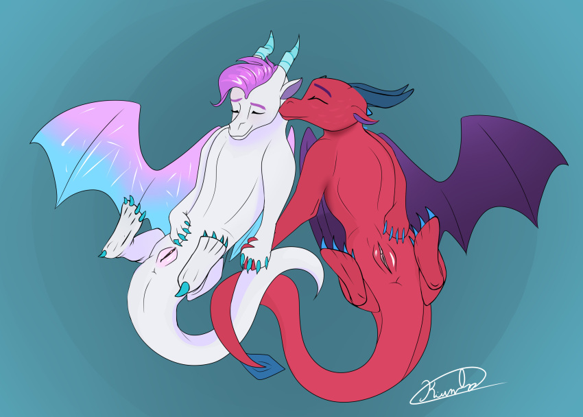 absurd_res claws dragon duo female female/female feral genitals hand_holding hasbro hi_res horn kissing kiumba_(artist) my_little_pony my_little_pony:_a_new_generation paws presenting presenting_pussy pussy scale_(disambiguation) scalie sleeping snout spread_wings wings