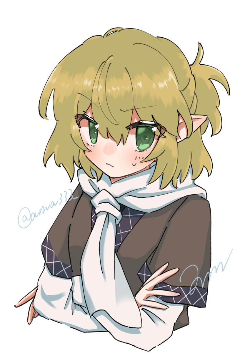 1girl amami_(ama333) blonde_hair blush breasts brown_shirt closed_mouth commentary crossed_arms frown green_eyes hair_between_eyes half_updo highres layered_sleeves long_sleeves looking_at_viewer medium_bangs mizuhashi_parsee scarf shirt short_hair short_over_long_sleeves short_sleeves simple_background small_breasts solo touhou twitter_username upper_body white_background white_scarf